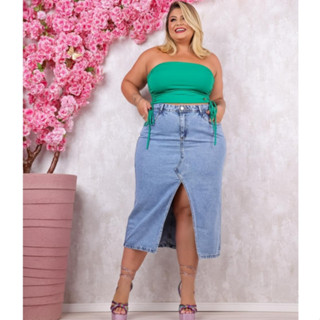 SAIA PLUS SIZE JEANS MIDI FEMININA FENDA FORNTAL
