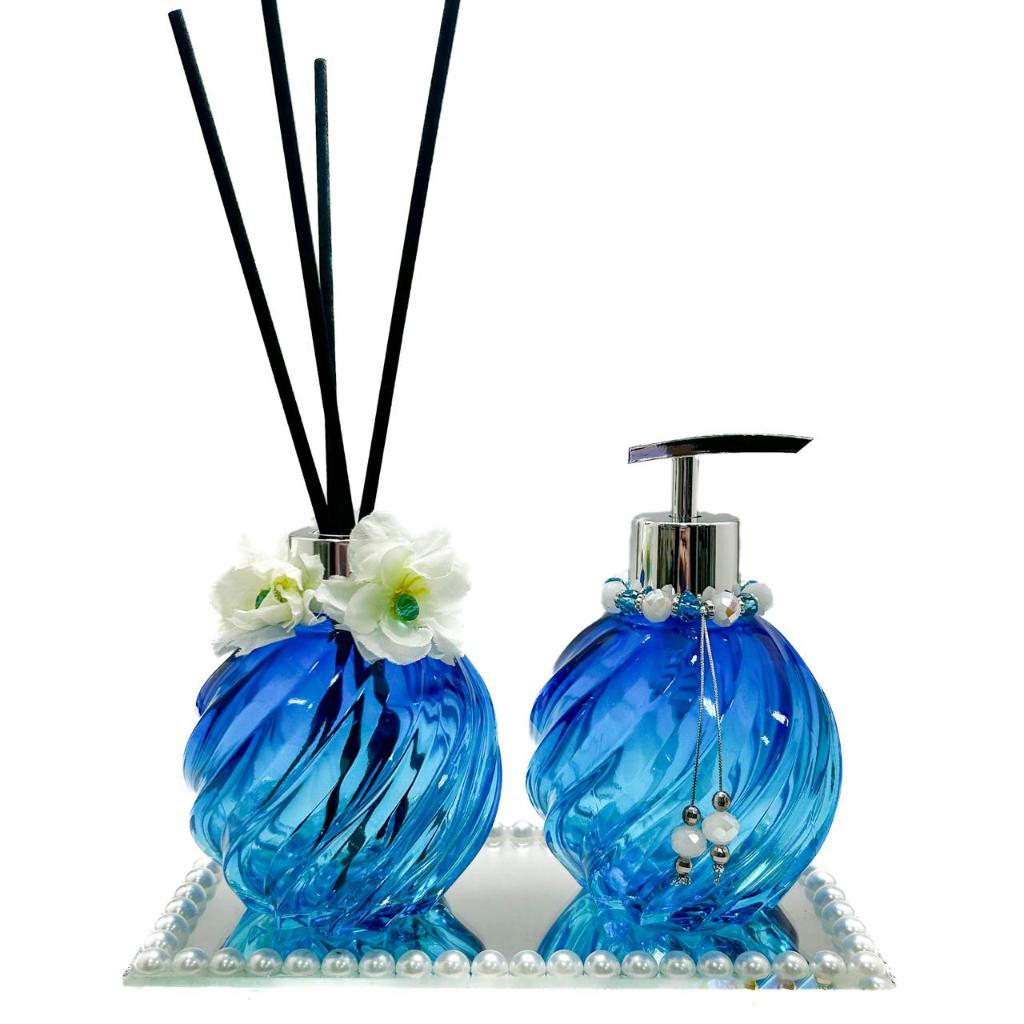 Kit Luxo Vidros Para Lavabo Aspiral Blue Com Bandeja Espelhada