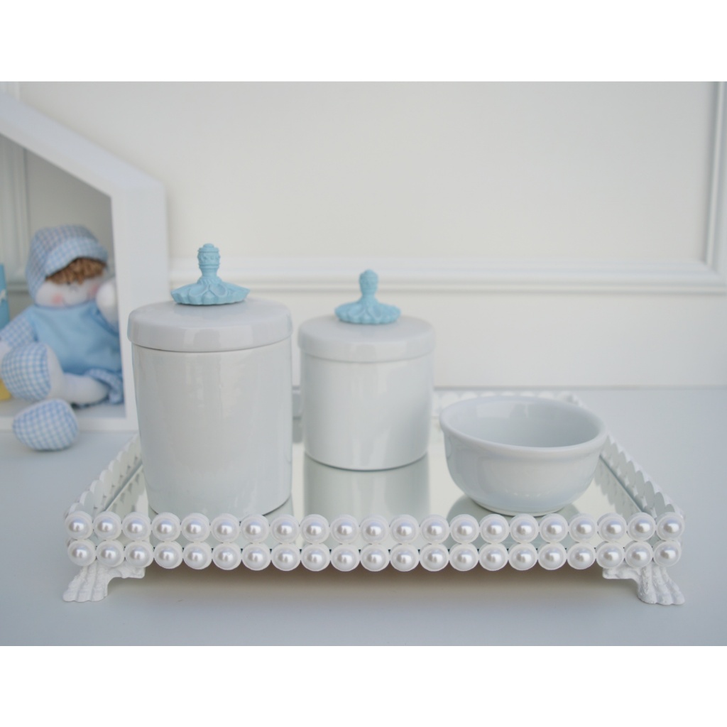 Kit Higiene Porcelana Bebê Quarto Menino Infantil Cuidados Banho K036 Azul Bandeja Pérola