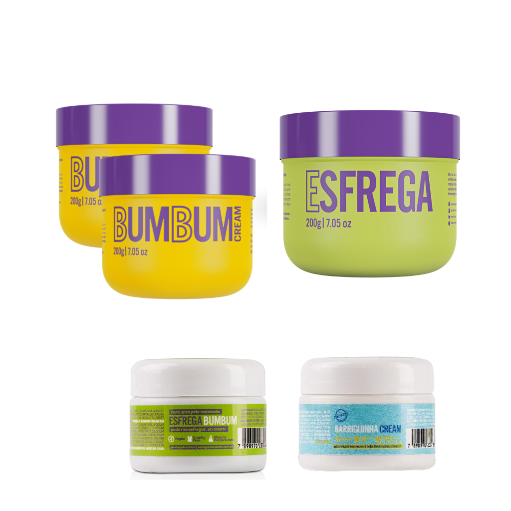 Kit Beleza Brasileira: 2x Bumbum Cream + 1x Esfrega Esfoliante  + 1x Travel Size (Mini Barriguinha + Mini Esfrega) - Beauty