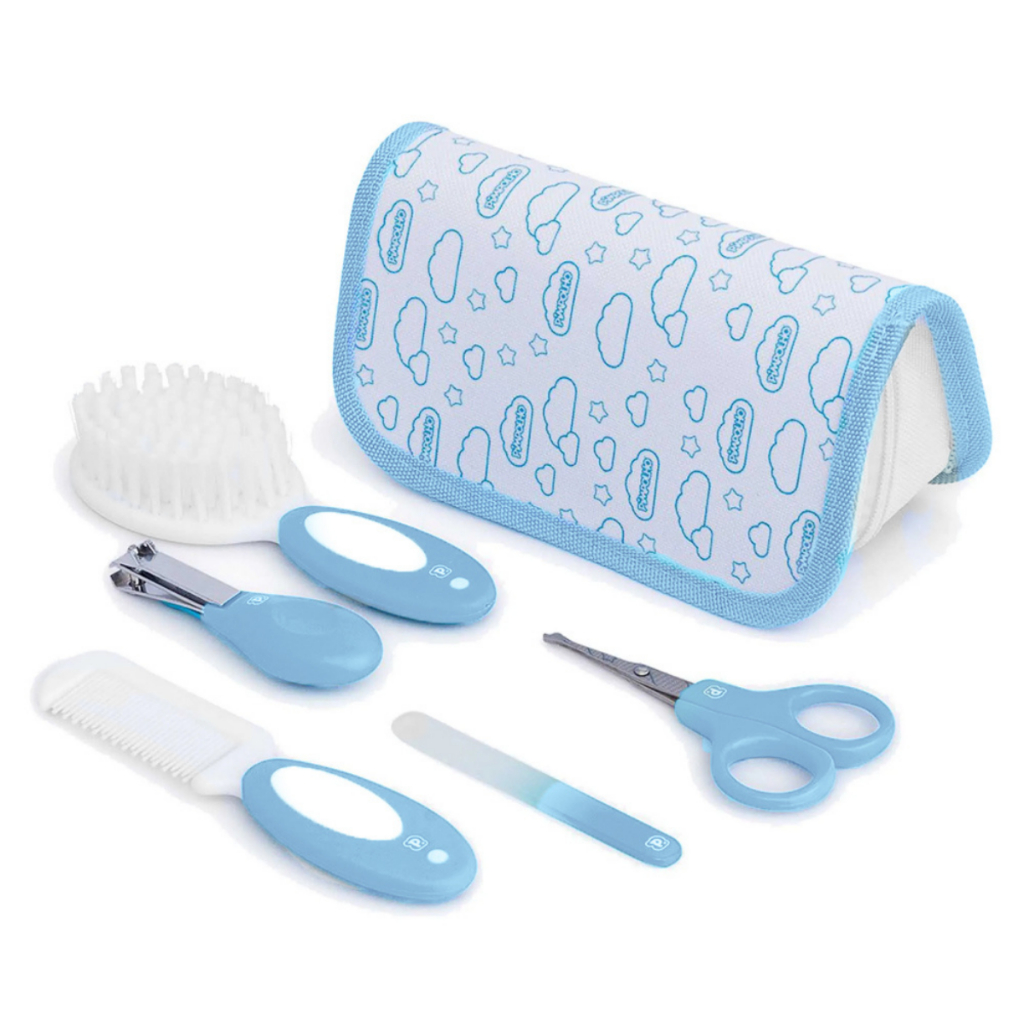 Kit Higiene 5 peças Cuidados Bebe Manicure Tesoura lixa Cortador De Unha Escova Pente Estojo Necessaire Menino Enxoval Saida Maternidade Kit Viagem Passeio Antialergico Completo Luxo Premium Presente Cha de Bebe