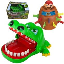 2 Brinquedos Jogo Jacaré Crocodilo Morde Dedo e Pula Pirata Barril