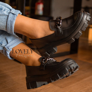 Sapato Mocassim Feminino Tratorado Preto Verniz Blogueira Corrente Super Confortável Promoção Imperdível em Oferta na Shopee