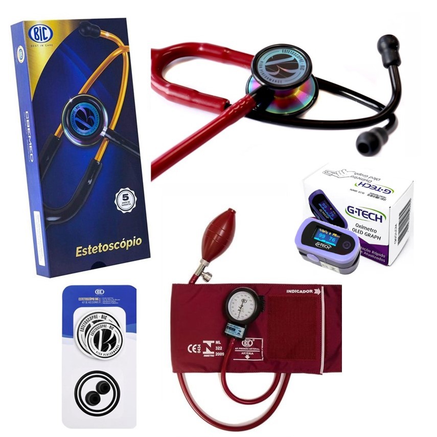 Kit Estetoscópio Eternity Bordo + Aparelho de Pressão Bic Inova Plus + Oximetro Gtech Oled