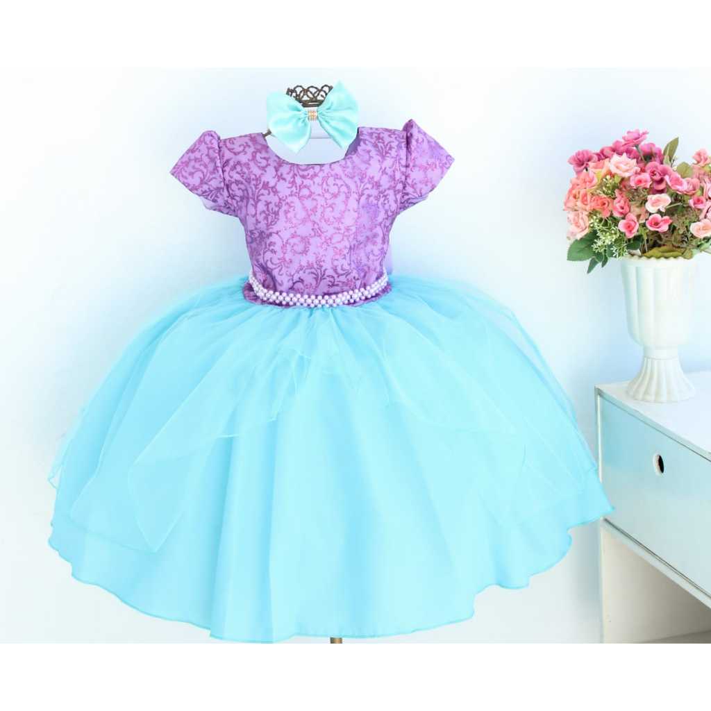 Vestido Sereia Ariel Luxo Aniversario Temático com Tiara