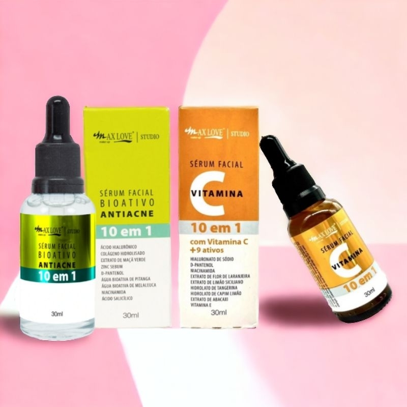 Kit Sérum Max Love Vitamina C 10 em 1 30ml + Sérum Bioativo Antiacne 10 em 1 30ml em Oferta na Shopee