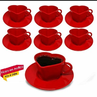 Canto do Cafe Kit 6 Xicaras Coração Vermelho em Acrilico  + 6 Pires Redondo Vermelho 100ml...