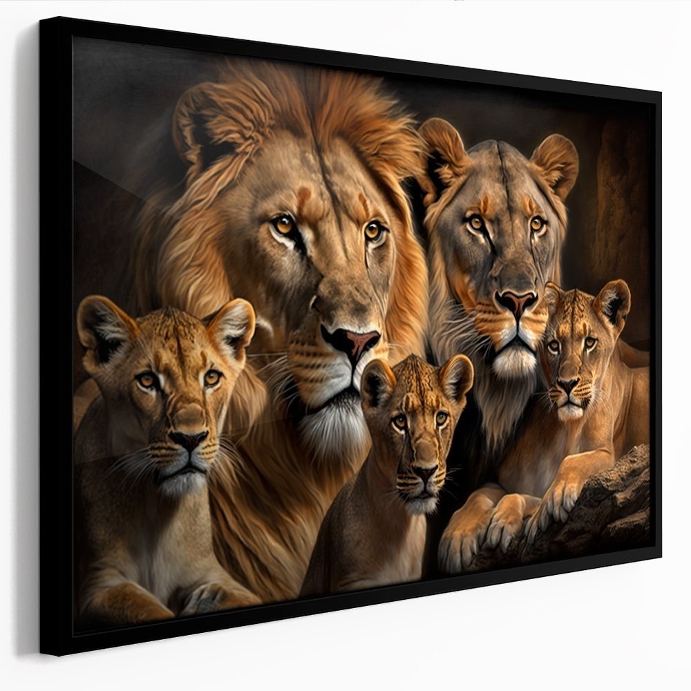 Quadro Decorativo 110x80cm Leão e Leoa 3 Filhotes Família Arte Realista Sala Quarto Hall Casa Decoração De Parede Mdf Adesivo