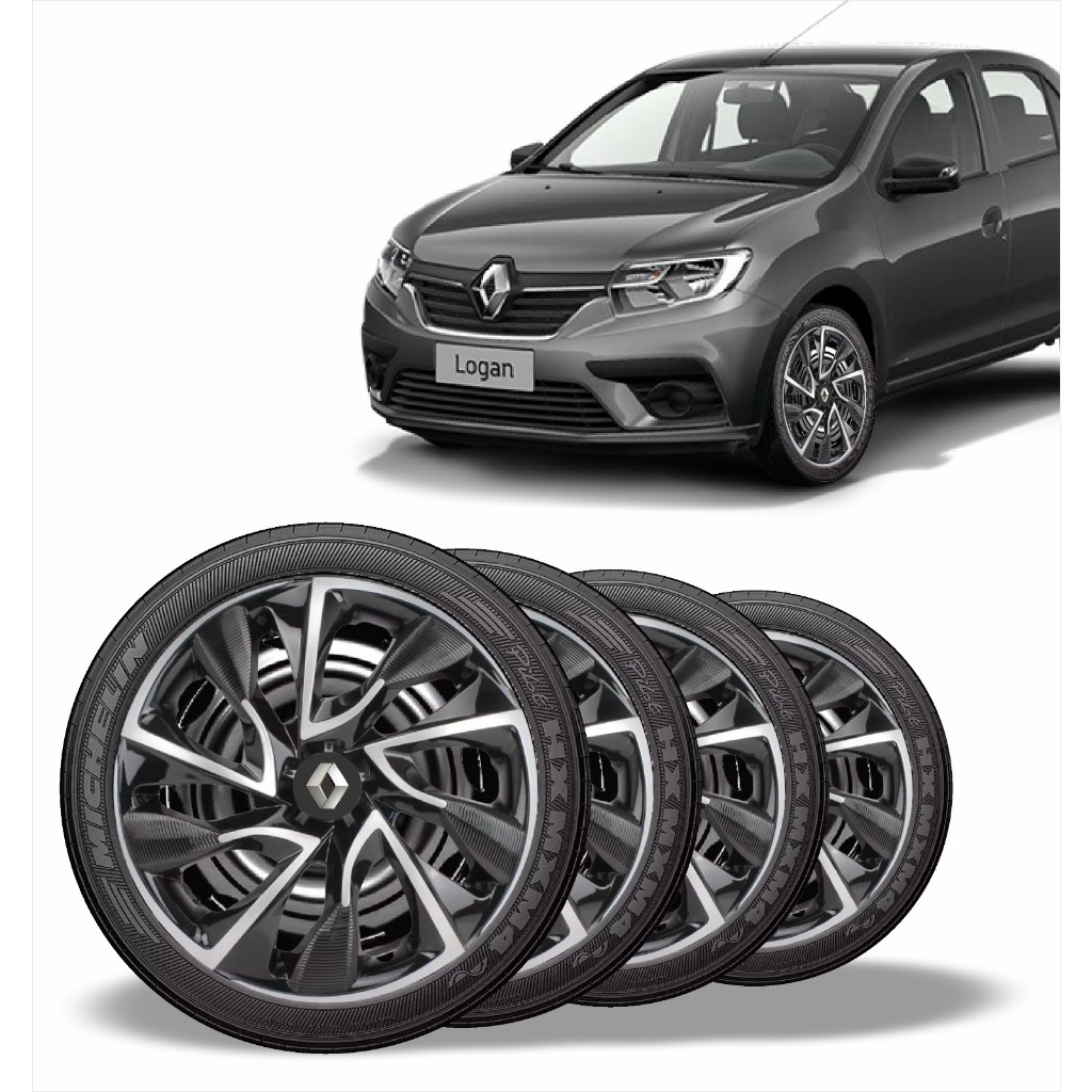 Jogo 4 Calota Ds4 Aro 15 Preta Prata Renault Logan