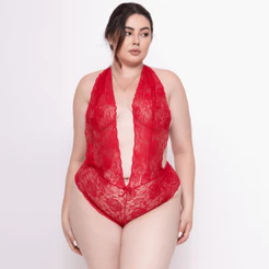 Body Renda Transparente Sensual Plus size Bore Decote Profundo Feminino Lingerie Moda Intima