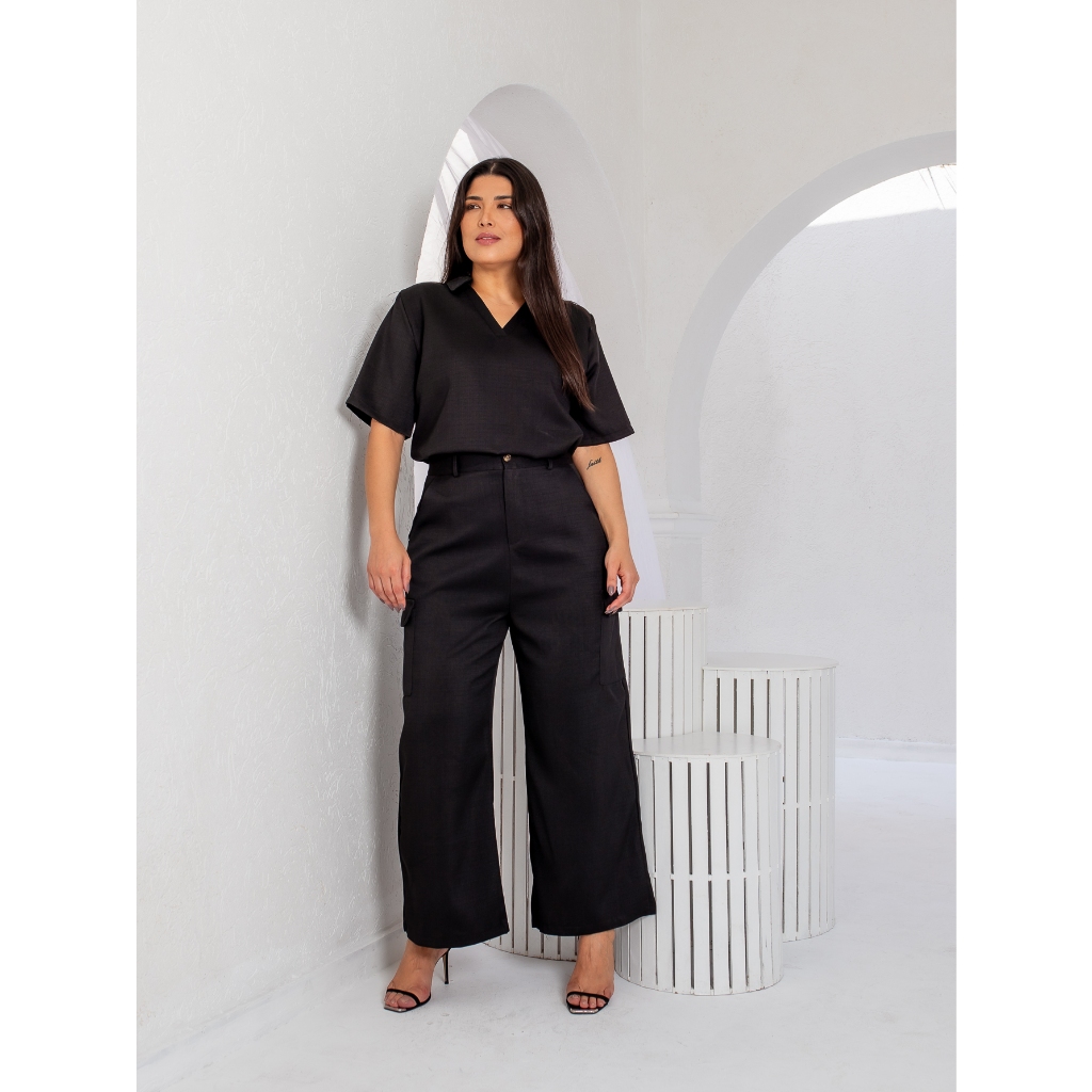 Conjunto Linho Feminino Blusa e Calça Cargo Elastano Moda Utilitária Elegante Social Plus Size em Oferta na Shopee