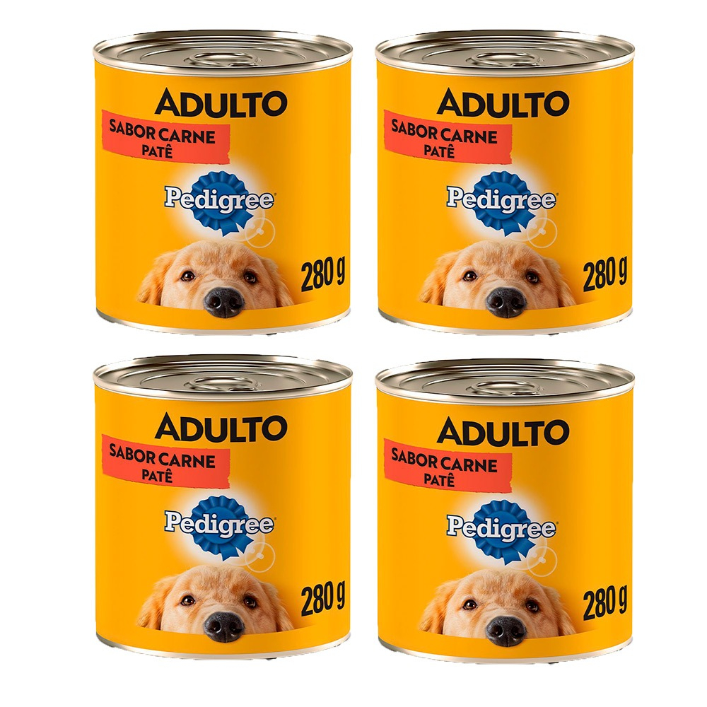 Kit com 4 Ração Úmida Lata Pedigree Cães Adultos Patê de Carne 280g - Pets