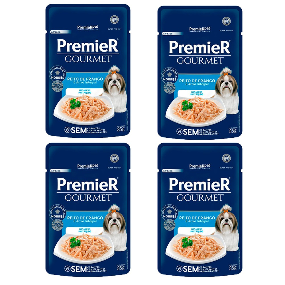 Kit com 4 Ração Úmida Premier Cachorros Adultos Gourmet Peito de Frango e Arroz Integral 85 g