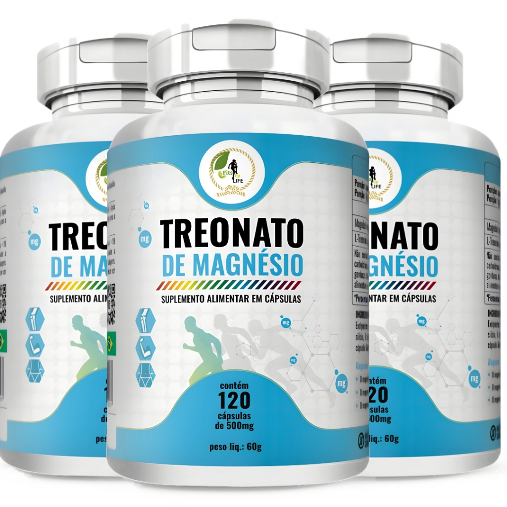 Magnésio L-Treonato 500mg 120 Cápsulas 3 Unidades - Fits Life  Foco Memoria