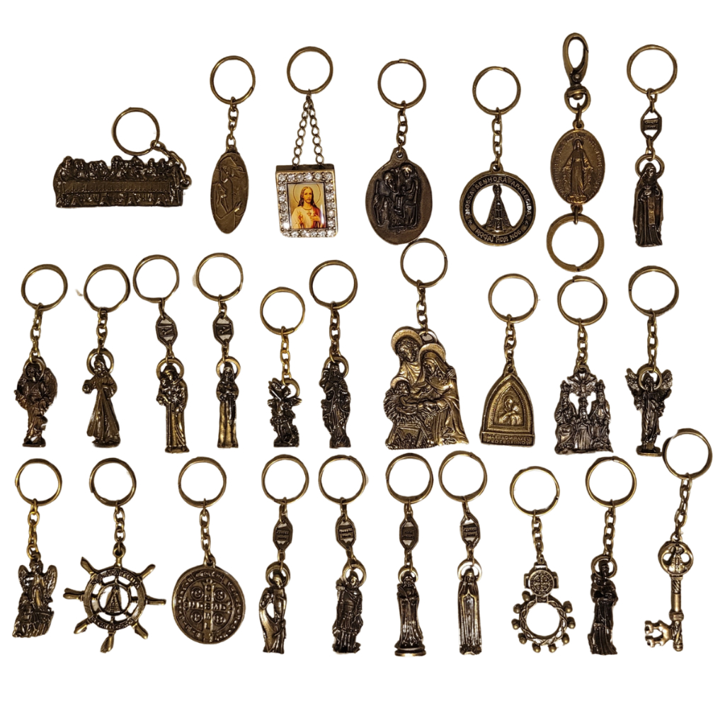 Kit 27 Chaveiros Catolicos Jesus Cristo Nossa Senhora Aparecida Santos Material Metálico cor bronze