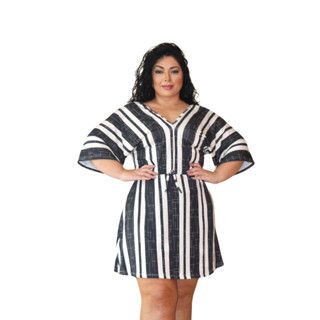 Vestido Feminino Moda Praia Plus Size Manga Flare Gola V, Moda Casual, Tendência, Verão