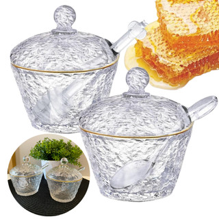 Kit Meleira Açucareiro De Vidro Martelado Borda Dourada Com Tampa Colher E Dosador em Oferta na Shopee