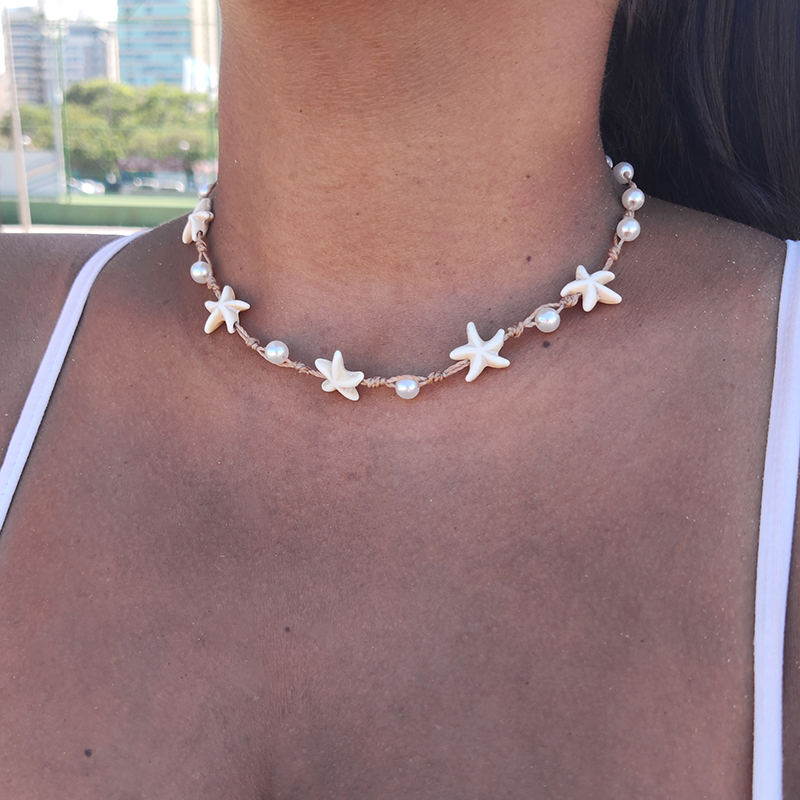 Colar choker de estrelas e pérolas praiano feminino artesanal ajustável moda praia verão