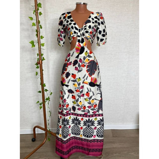 Vestido feminino longo estampado estilo farm verão