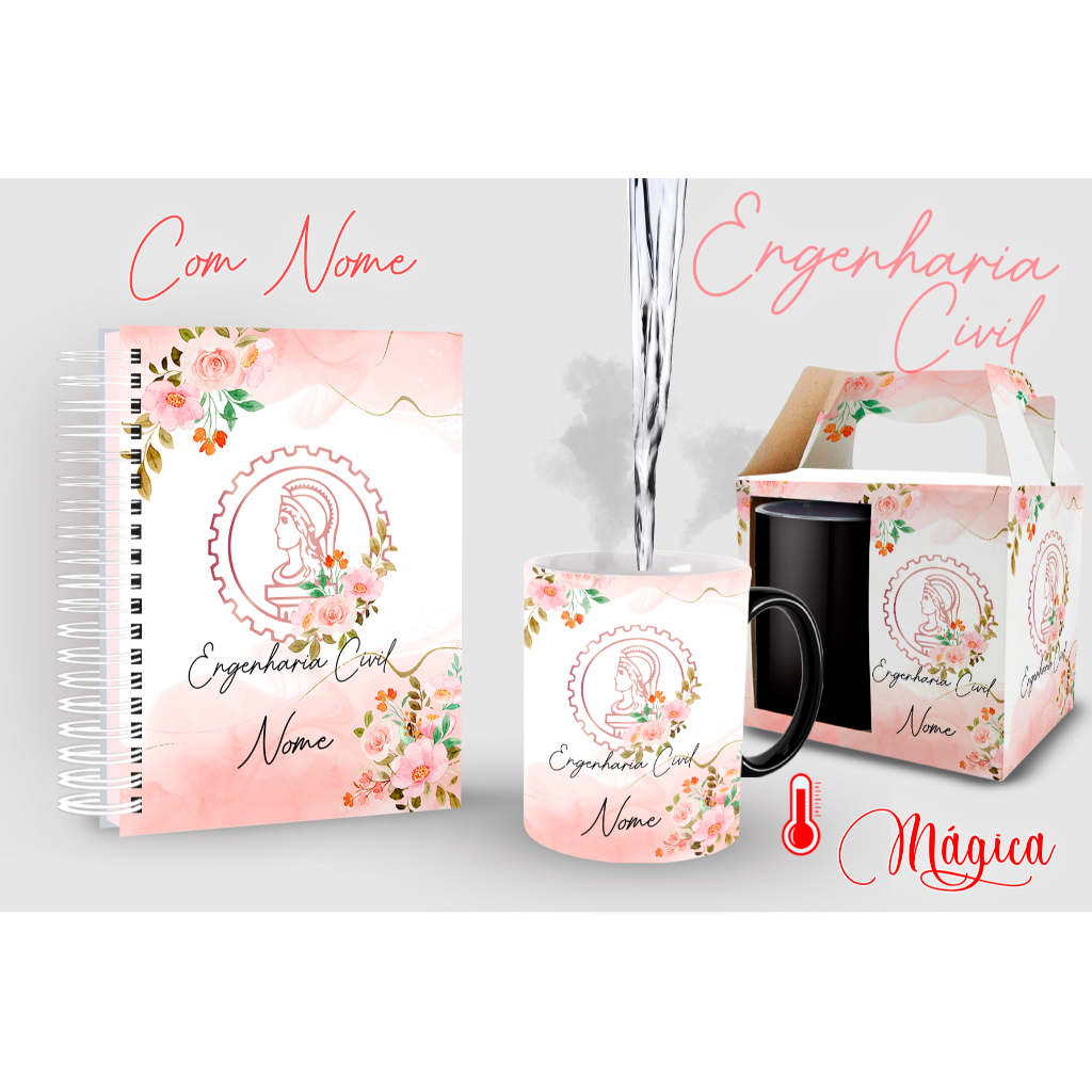 Caneca Mágica + Agenda MDF Profissão Engenharia Civil com Nome