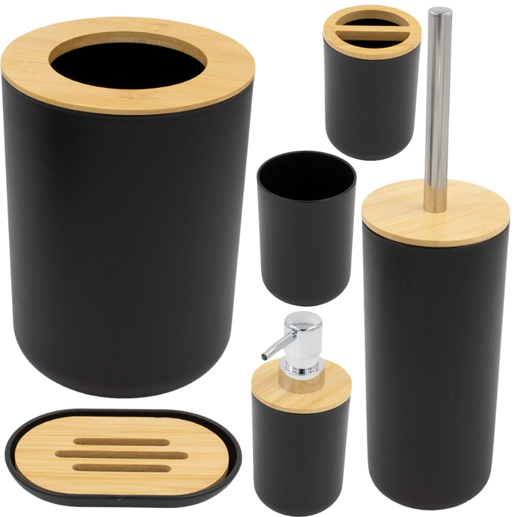 Conjunto de Banheiro com Lixeira Acessórios em Plástico e Madeira Completo com Porta Sabonete Copo Multiuso Saboneteira Líquida Escova Sanitária Ensemble de Toalete Jogo de Banho