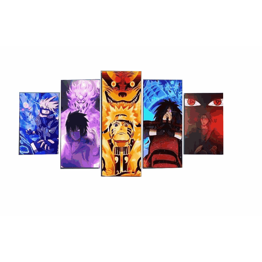 Quadro Decorativo 5 peças Mosaico Animes Naruto Shippuden Uzumaki Sasuke Madara Itachi Uchiha Hatake Kakashi Kyuubi Sharigan Suzano