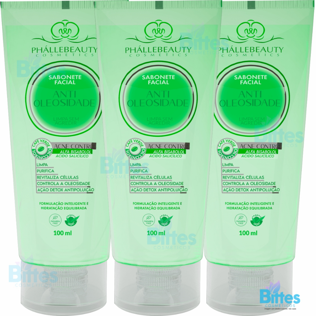 KIT 3 SABONETE FACIAL ANTI OLEOSIDADE PHÁLLEBEAUTY COSMÉTICOS LIMPEZA