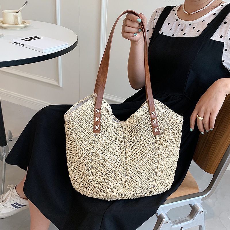 Bolsa de palha feminina de praia saco grande De Verão com alça de ombro