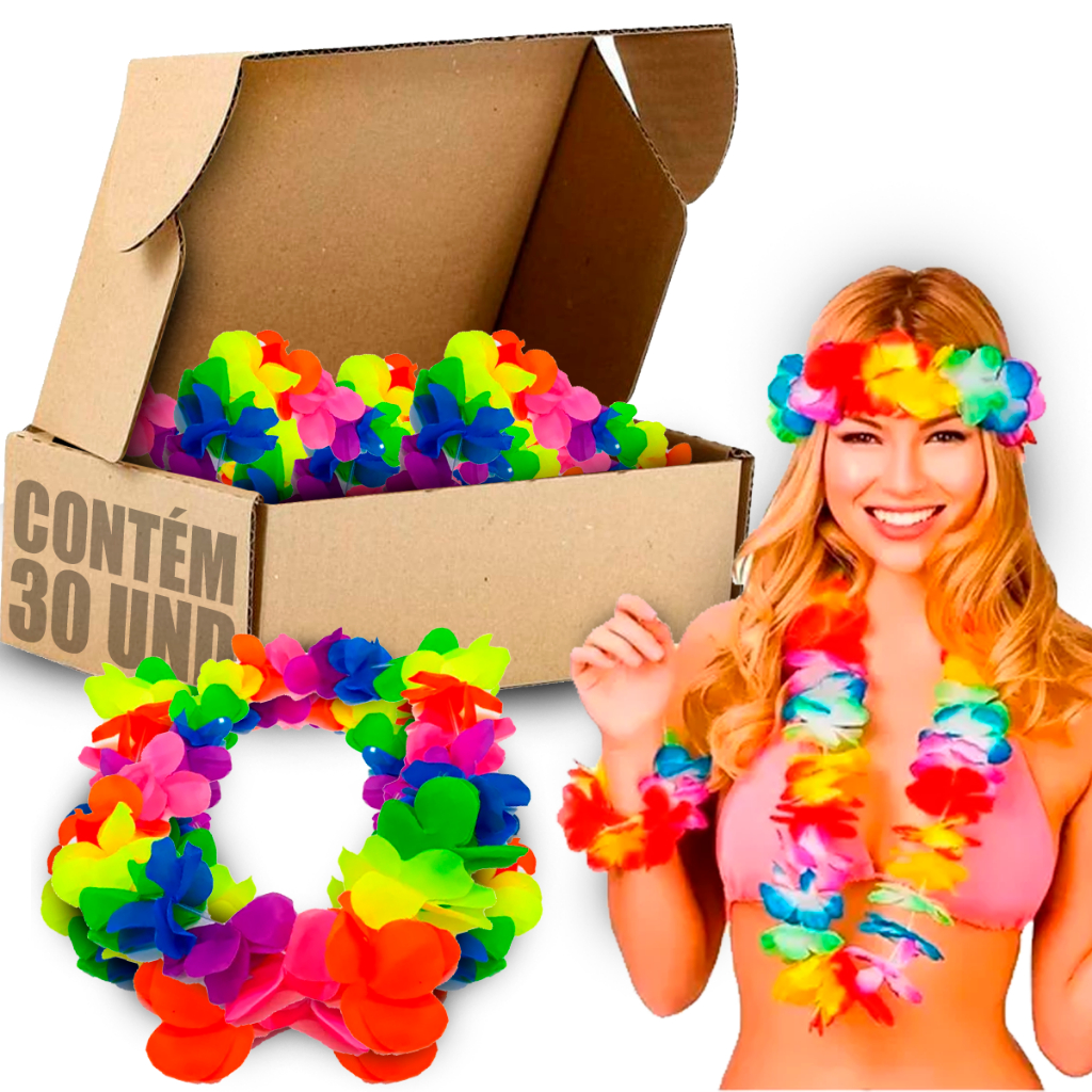 Kit 30 Colar Colares Havaiano Colorido Plástico 24 Flores Cordão Havaiana Carnaval Havai Fantasia Festa Piscina Balada Luau Adereço