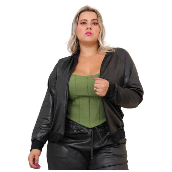 JAQUETA BOMBER FEMININA PLUS SIZE CORTA VENTO EM TECIDO COURO CIRRÊ PREMIUM COM ZIPER MODA OUTONO INVERNO CASUAL ELEGANT em Oferta na Shopee