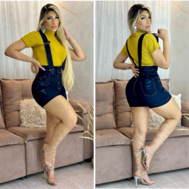 Salopete Jeans Feminina Escura, Correia Modas