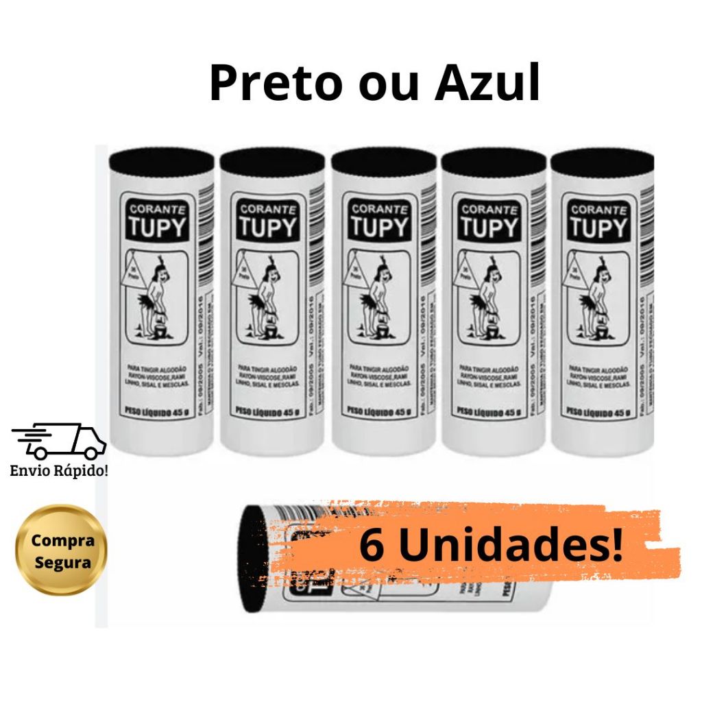 Corante para Tingir Tecidos Roupa Tupy 45g 6 unidades - Preto ou Azul em Oferta na Shopee