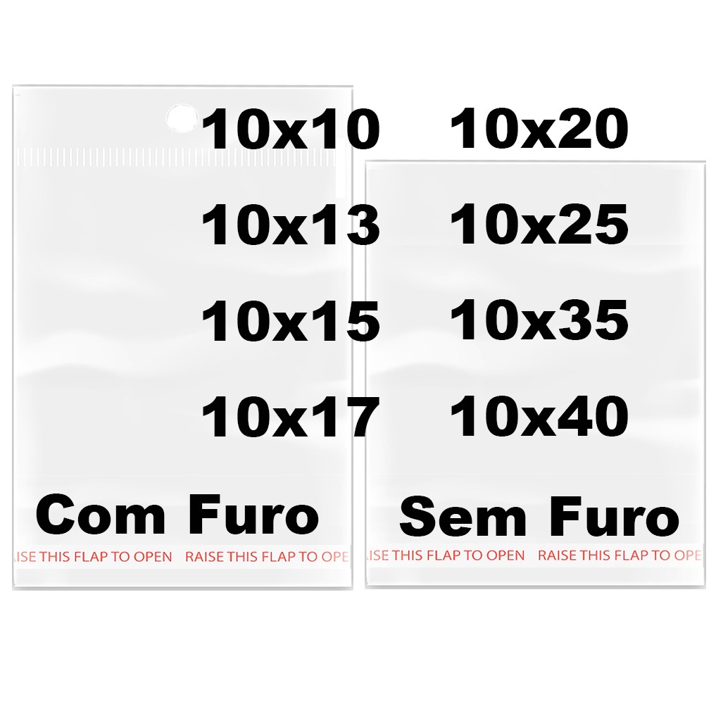 KIT 100 200 saquinhos 10x25 Saco Adesivado Saquinho Transparente Plástico COM FURO SOLAPA  10x10 10x13 10x15 10x17 10x20 10x35 10x40