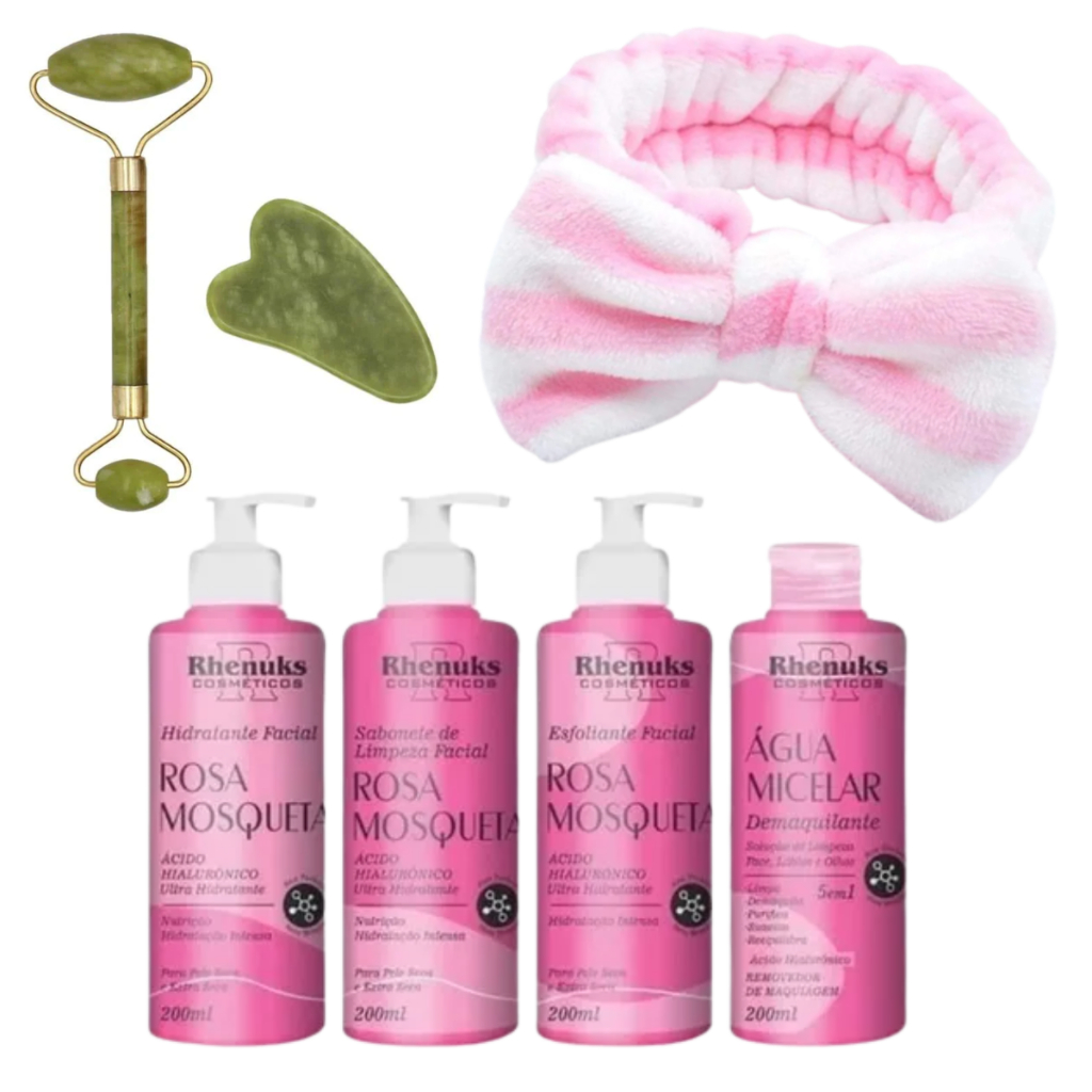 Kit Massageador Harmonização Facial Anti Rugas + Pedra Guasha + SkinCare Facial Rosa Mosqueta com Faixa Cabelo
