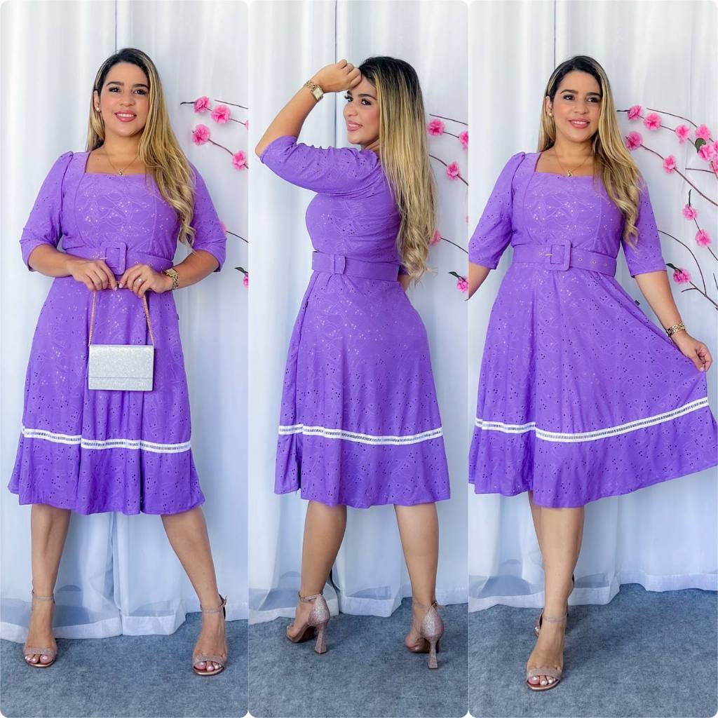 VESTIDO MIDI DE LEISE E CREPE CINTO MANGA PRINCESA MODA EVANGÉLICA
