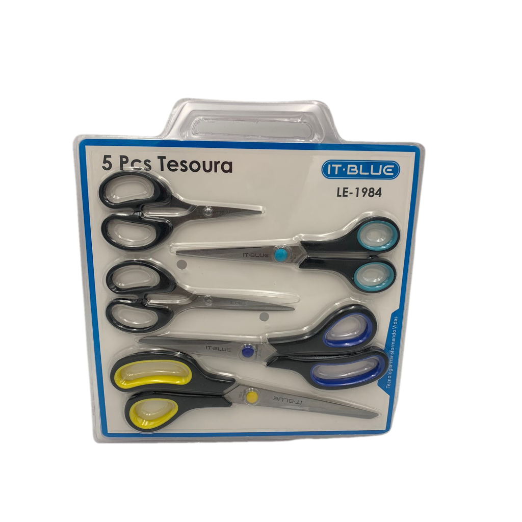 Kit 5 Tesouras Para Artesanato, Escritório e Escola Lamina De Aço Inoxidável Resistente Universal