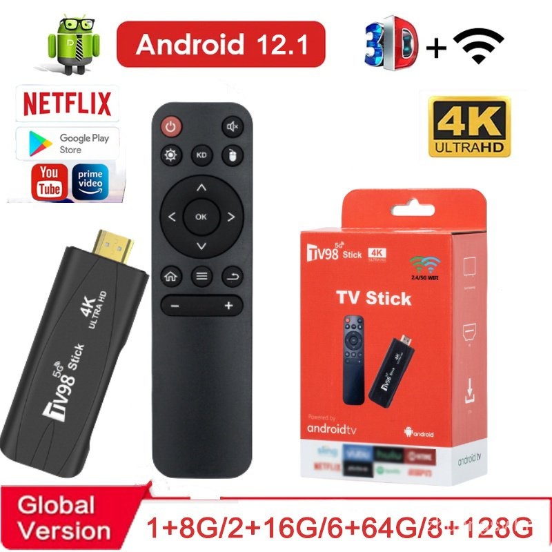 Global 4K TV Stick e Android 12.1 Smart tv Fire Stick TV98 Media Dual 2.4G 5G Wifi 8GB / 128GB 4K HD