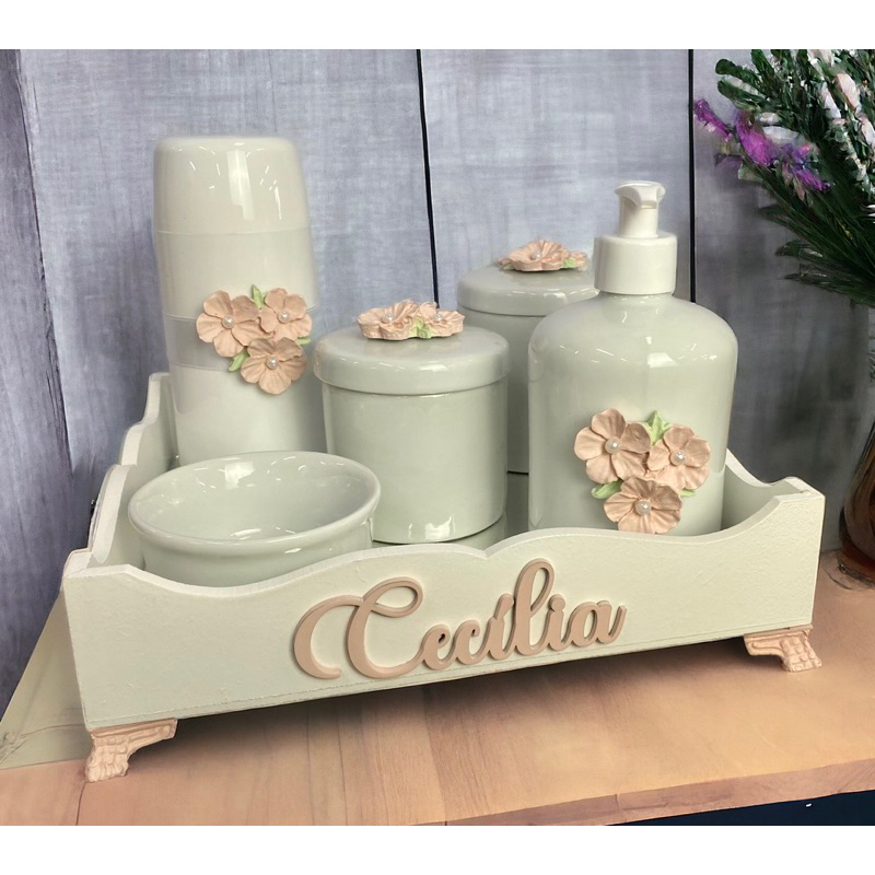 kit higiene do bebê porcelana flores jardim com nome