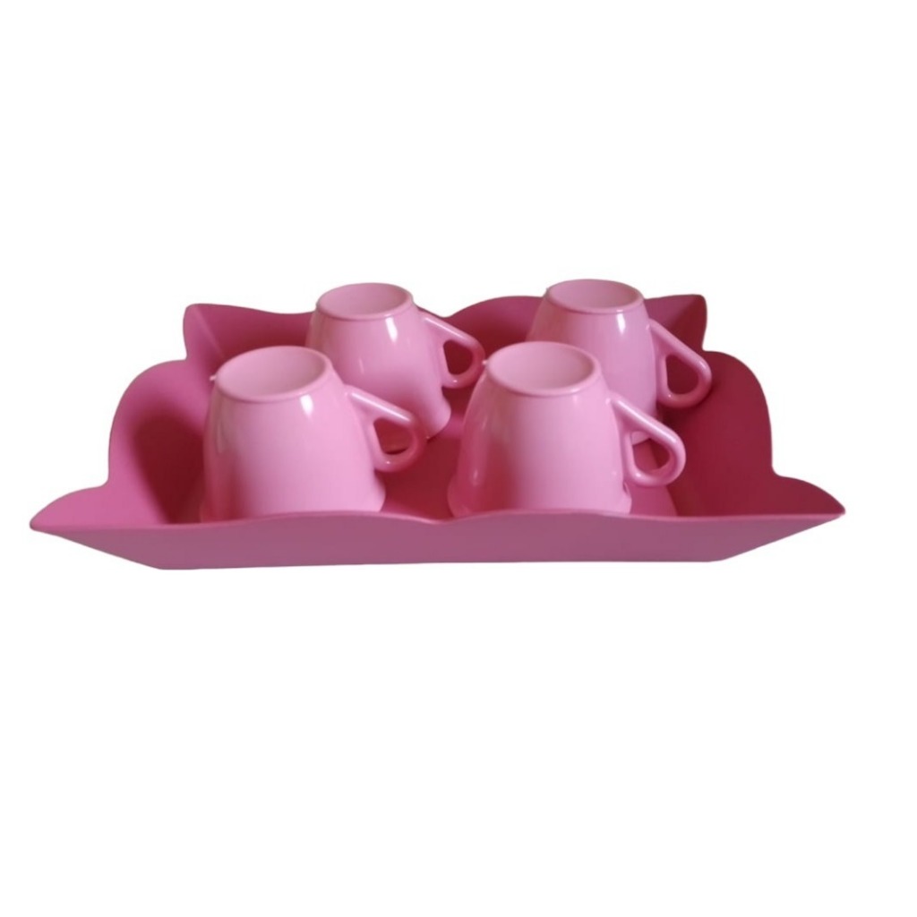 Kit 4 Xicara Café 50 ml Acrílico com Bandeja  Plástica Cantinho Café Rosa Bebê