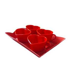 Lindo Kit 4 Xicara Coração 100 ml Acrílico com Bandeja  Plástica Cantinho Café Vermelho