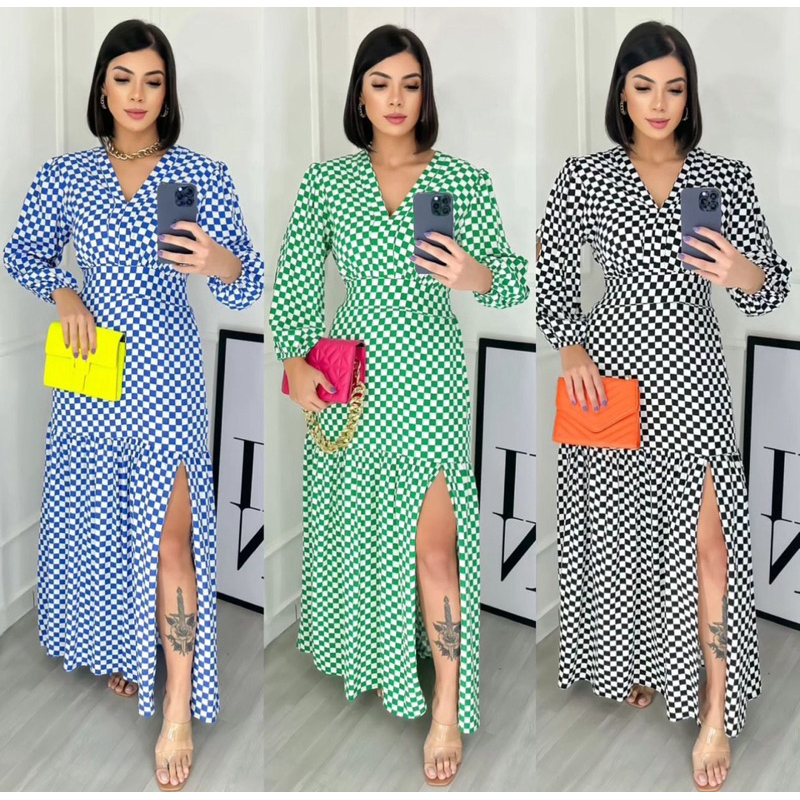 Vestido longo feminino manga 3/4 estampado e liso tecido duna moda evangélica.