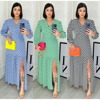 Vestido longo feminino manga 3/4 estampado e liso tecido duna moda evangélica.