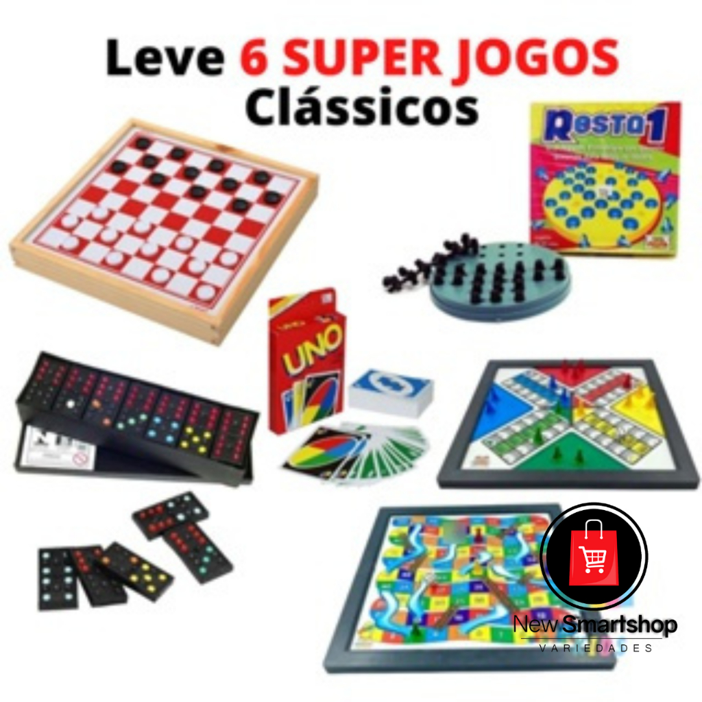 Kit 6 Jogos Clássicos 1 Dama Tabuleiro, 1 Dominó, 1 Resta 1, 1 Uno, 1 Ludo, 1 Sobe Desce Criança Infantil Passatempo