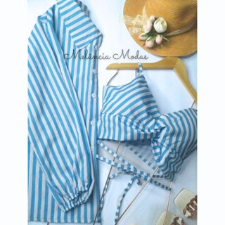 AeroLook Conjunto Listra feminino risca de giz listrado com listras estilo Chemise /Kimono com Cropped +Camisa manga comprida Woman Look Bohostyle