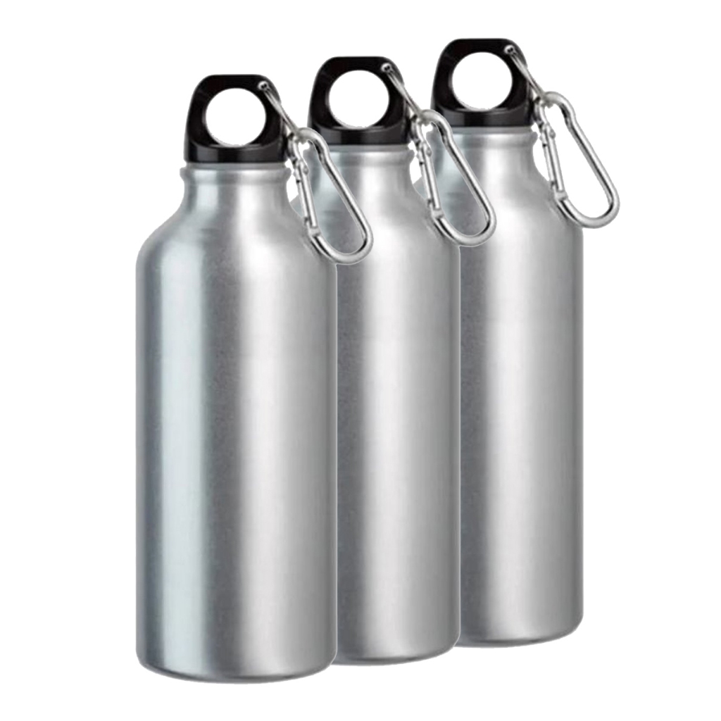 03 Garrafa de Alumínio Prata com Tampa Mosquetão para Sublimação Garrafinha Squeezer 600ml Orca