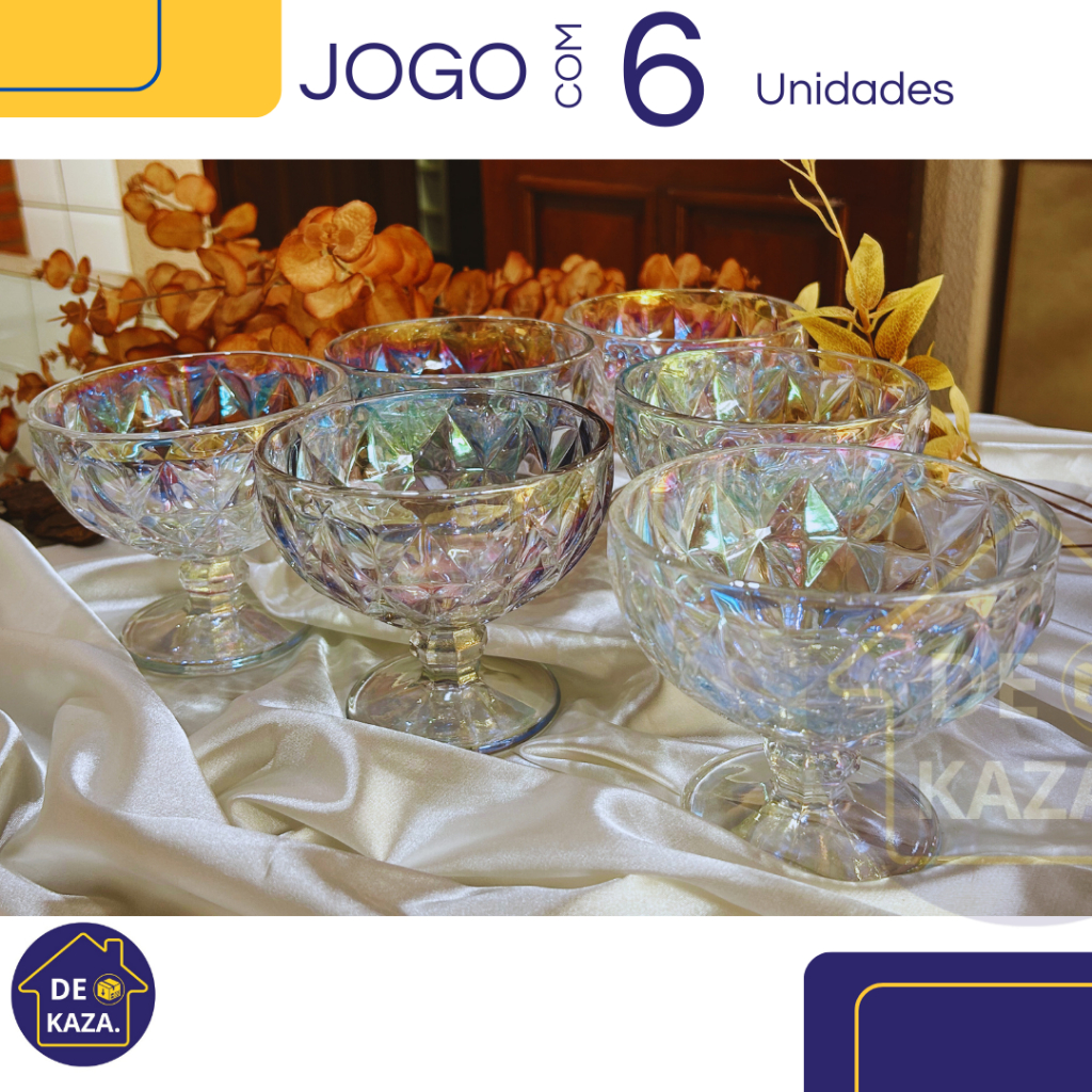 Jogo 6 Taças de sobremesa Diamond Rainbow Futacor Luxo Vidro em Oferta na Shopee