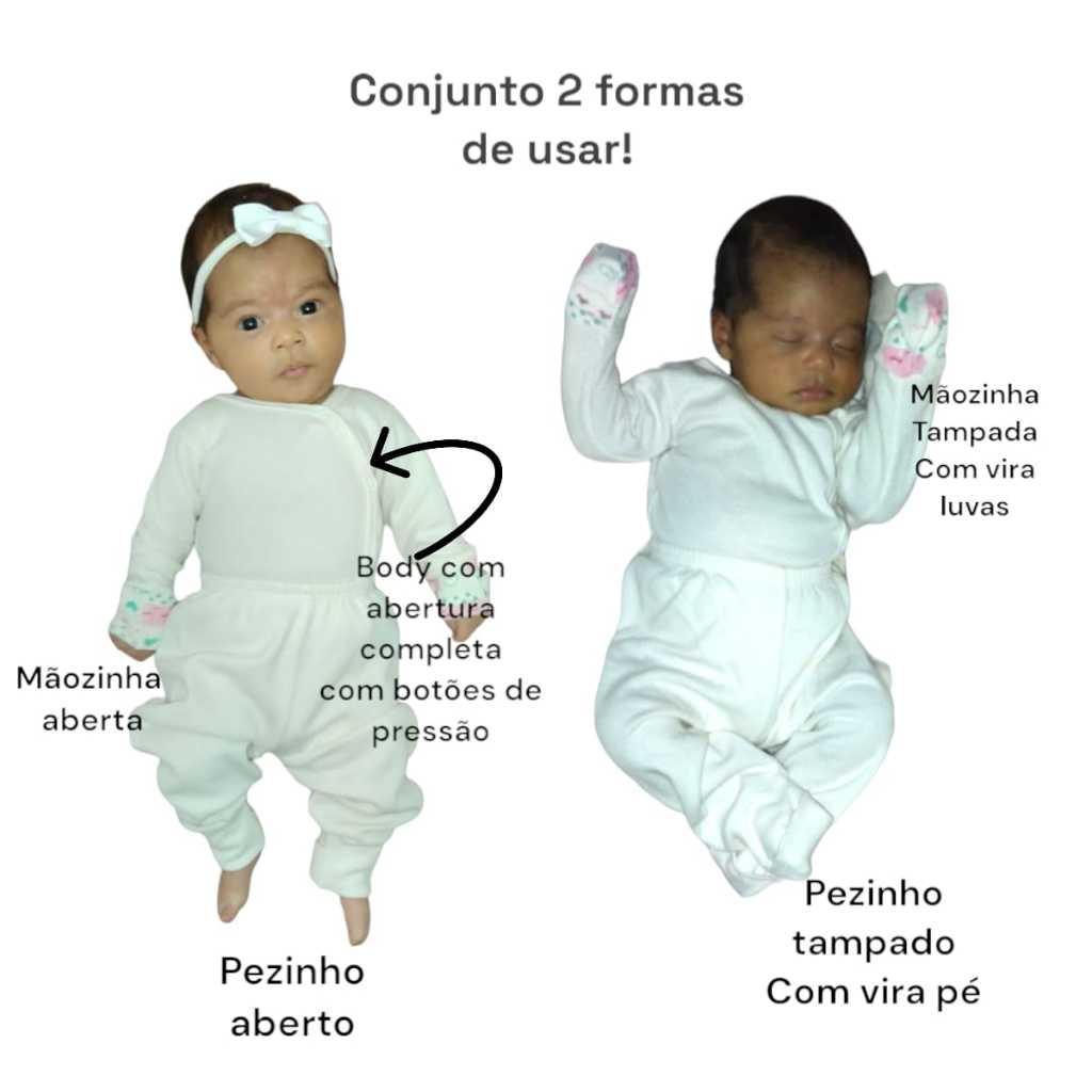 Kit 2 Peças - Body Kimono Vira Luvas + Calça Vira Pé Prematuro Ao P Bebê Enxoval