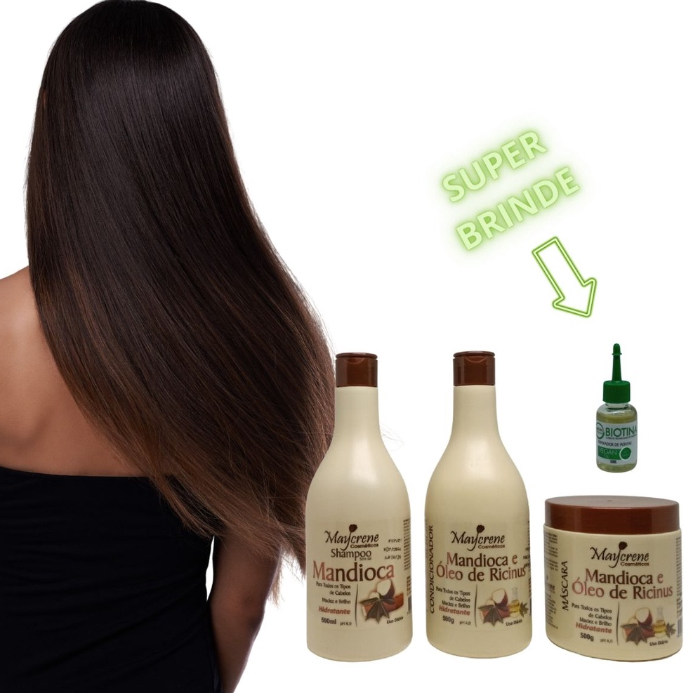 Kit Mandioca Maycrene Nutri e Fortalece 3x500ml mais reparador de Pontas 30ml ( Shamp + Cond + Másc  + reparador de Pontas 30ml