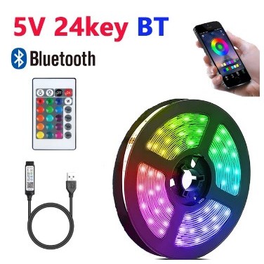 Fita LED + fonte e controle remoto, lâmpada para o Natal, decoração do quarto, RGB, DC 5V, USB, 24Keys, Bluetooth
