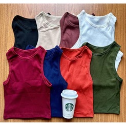 Cropped Regata Feminino Ribana Canelada Blusinha canelada Regata Nadadora Regatinha Malha Algodão Zara Varias Cores